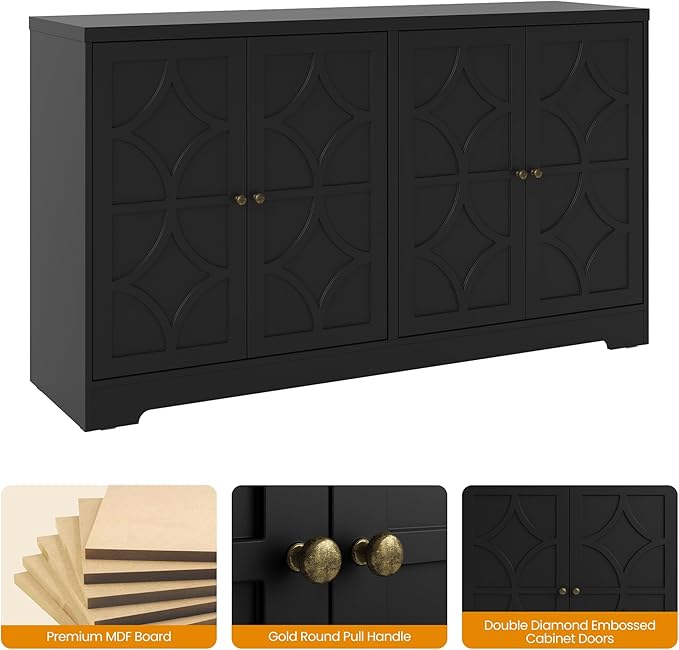 RoyalCraft Sideboard Buffet Cabinet with Storage, 56" Modern Sideboard with 4 Carved Doors and Adjustable Shelves, Large Wood Coffee Bar Console Table for Kitchen, Dining Room, Living Room, Black