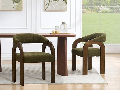 Farmhouse Dining Chairs Set of 4 - Upholstered Armchairs with Chenille Cushions & Curved Wooden Arms, Barrel Wood Kitchen Chairs for Dining Room/Cafe/Kitchen Island (Sage Green)