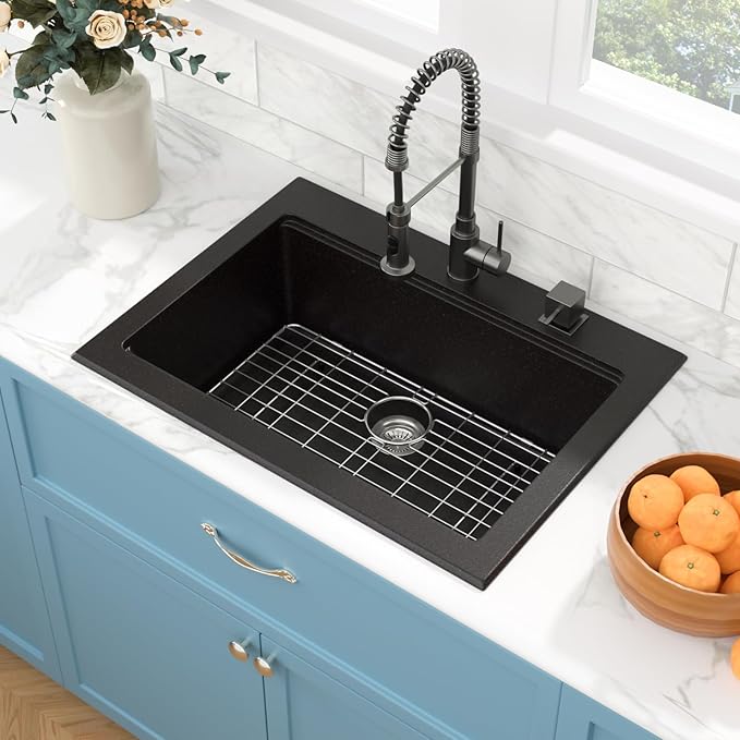Sarlai Granite Composite Kitchen Sink - 30"x22" Drop In Kitchen Sink Matte Black Ledge 30 Inch Workstation Granite Quartz Composite Top-Mount Single Bowl Sinks Basin with Accessories