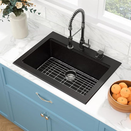 Sarlai Granite Composite Kitchen Sink - 30"x22" Drop In Kitchen Sink Matte Black Ledge 30 Inch Workstation Granite Quartz Composite Top-Mount Single Bowl Sinks Basin with Accessories