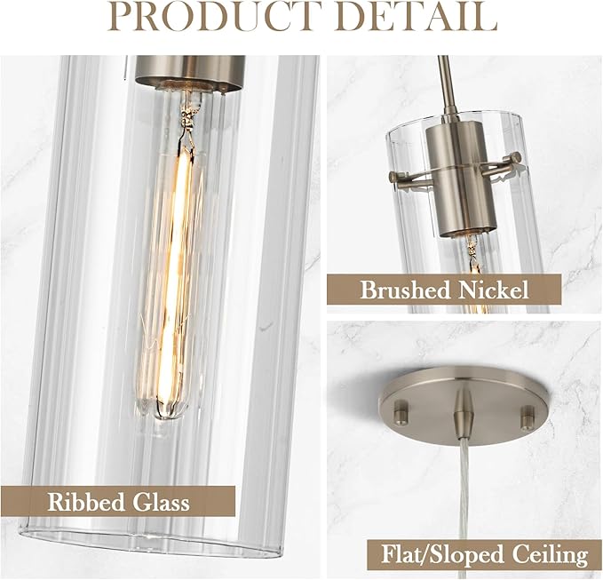 Glass Brushed Nickel Pendant Light, Modern Kitchen Island Pendant Lighting with Ribbed Glass, Adjustable Cord Single Pendant Light for Over Island, Dining Room, Bathroom Bedroom