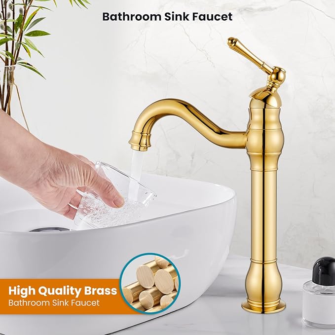 gotonovo Vessel Sink Faucet 360° Swivel Spout Single Handle Tall Bathroom Faucet 1 Hole Farmhouse Lavatory Washbasin Mixer Tap Matching Supply Hoses, with Pop Up Drain, Polish Gold