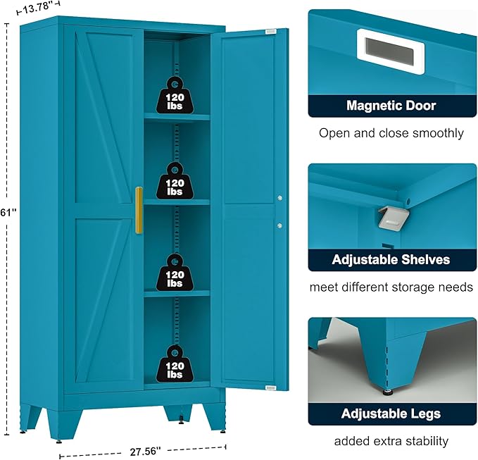 LCAOPC 61" Tall Metal Storage Cabinet with 2 Doors and 3 Adjustable Shelves, 4-Tier Kitchen Pantry Storage Cabinet for Kitchen, Living Room, Dining Room and Office, Blue