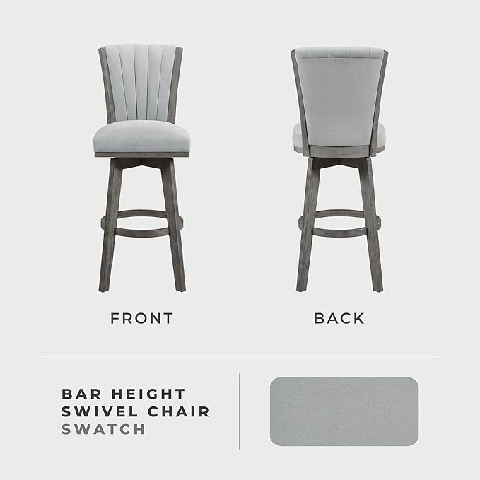 Lexicon Swivel Bar Stools Set of 2, Wood Frame Bar Height Stools with Footrest and Back, for Kitchen Island, Dining Room, 30.5" SH, Grey Finish and Thick Grey Velvet Cushion Seat