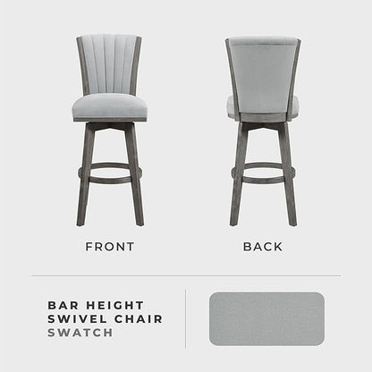 Lexicon Swivel Bar Stools Set of 2, Wood Frame Bar Height Stools with Footrest and Back, for Kitchen Island, Dining Room, 30.5" SH, Grey Finish and Thick Grey Velvet Cushion Seat