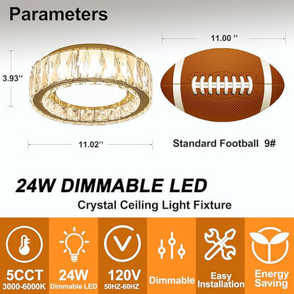 Dimmable Modern Luxury Crystal LED Flush Mount Ceiling Light,11 Inch 24W/5CCT 3000K-6000K Gold Close to Ceiling Light Fixture r for Kitchen,Entryway,Laundry Room,Porch