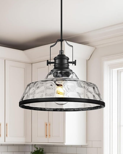 kudos Pendant Lights Kitchen Island, 11" Black Pendant Lights with Clear Hammered Glass Shade, Farmhouse Large Hanging Light Fixture for Kitchen Sink Dining Room, KDPL13-BK-H