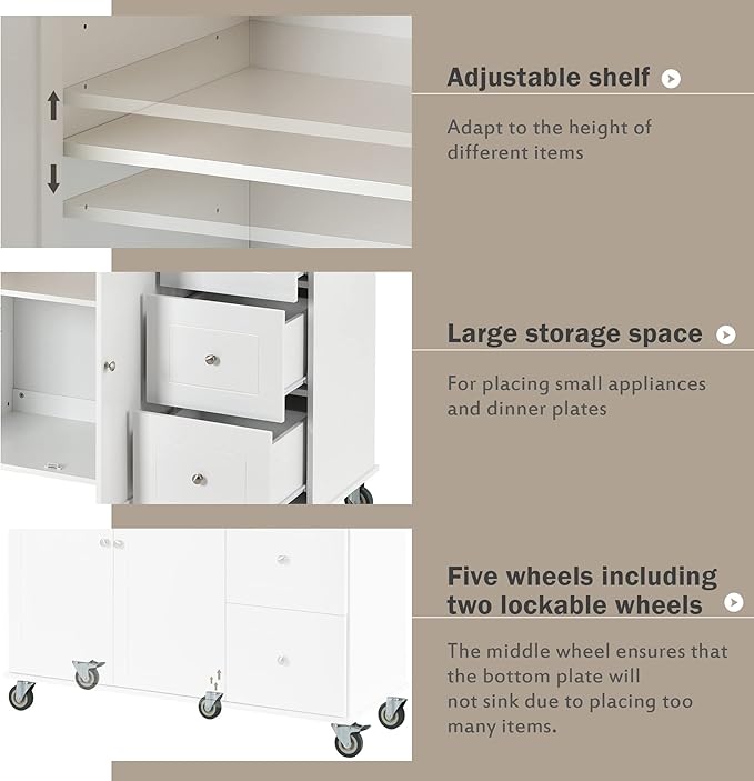 GOWE Rolling Mobile Kitchen Island with Solid Wood Top and Locking Wheels,52.7 Inch Width,Storage Cabinet and Drop Leaf Breakfast Bar,Spice Rack, Towel Rack & Drawer (White)