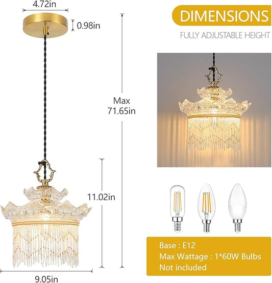 Brass Vintage Glass Pendant Light Clear Glass Tassel Chandelier,Adjustable Height Pendant Lights for Dining Room Kitchen Island Bedroom Hallway