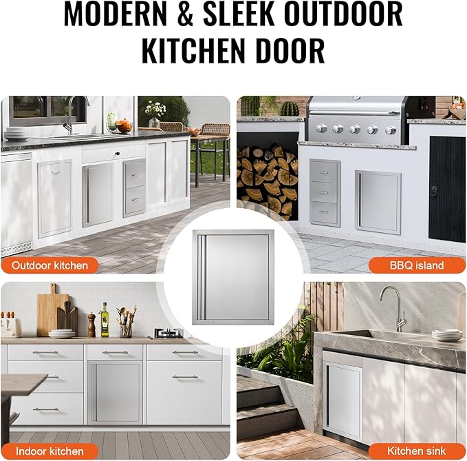 VEVOR Outdoor BBQ Kitchen Door, 18W x 21H Inch Stainless Steel Flush Mount Vertical Door with Recessed Handle, for BBQ Island, Grilling Station, Outside Cabinet