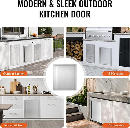VEVOR Outdoor BBQ Kitchen Door, 18W x 21H Inch Stainless Steel Flush Mount Vertical Door with Recessed Handle, for BBQ Island, Grilling Station, Outside Cabinet