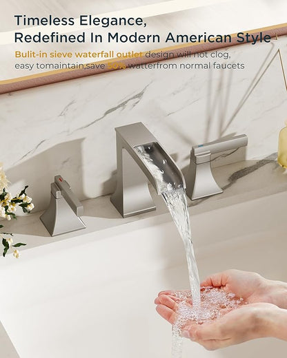 FORIOUS Brushed Nickel 3 hole bathroom faucet, 8" Widespread bathroom sink faucet Waterfall for 4"-16" Sinks, 2 Brass Handle for Vanity with Metal Drain Stopper and CUPC Pre-Installed Hose System
