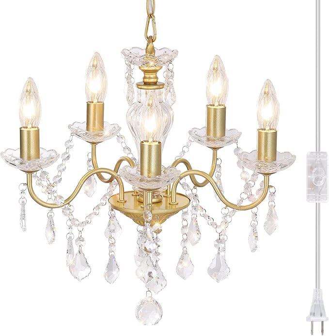 Plug in Modern 5-Light Gold Chandelier with Glass Crystals, Candle Style Pendant Light Fixtures for Living Room, Girls Room, Kitchen Island, Entryway