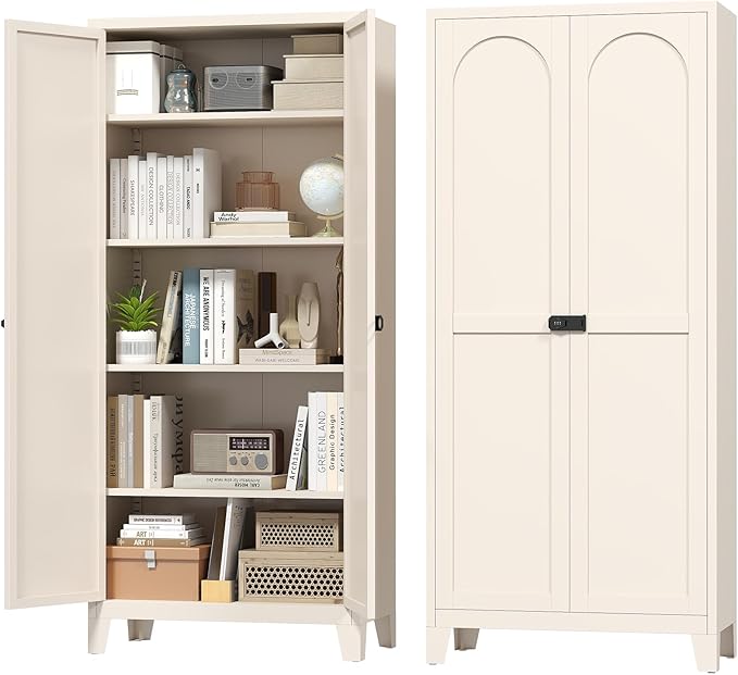 Zevemomo 70.87" Tall Metal Storage Cabinet with 3-Digit Combination Lock, Steel Pantry Cabinet with 4 Adjustable Shelves & 2 Doors, Secure Freestanding Organizer for Home, Office, Garage, Beige