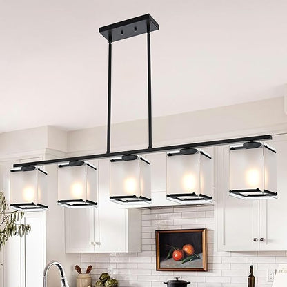 5-Light Blcak Chandeliers for Dining Room, Modern Kitchen Island Lighting with Frosted Glass Shade Linear Pendant Lighting for Dining Table Kitchen Island, Adjustable Height