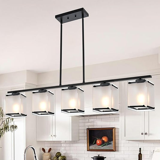 5-Light Blcak Chandeliers for Dining Room, Modern Kitchen Island Lighting with Frosted Glass Shade Linear Pendant Lighting for Dining Table Kitchen Island, Adjustable Height