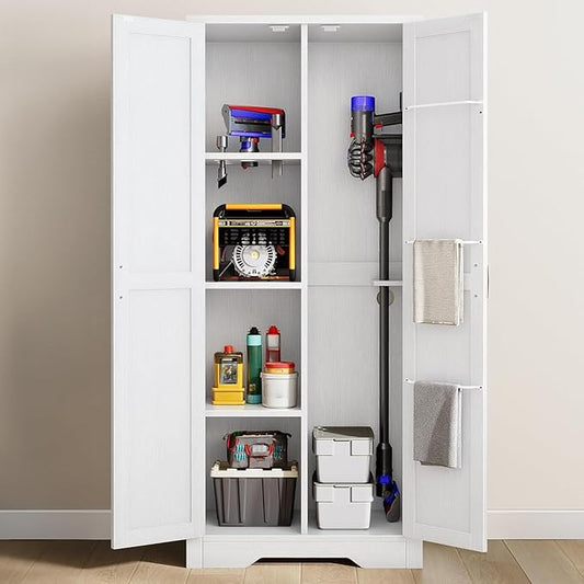DWVO Wooden Storage Cabinet, Vacuum Cleaner Storage Compatible with Dyson Models, Utility Stand for Brooms and Mops, Cleaning Tool Cabinet with Doors for Garage, Office, Home
