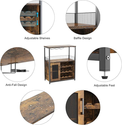 GAOMON Coffee Wine Bar Cabinet with Storage and Detachable Rack, Farmhouse Sideboard and Buffet Cabinet with Glass Holder and Mesh Door, Liquor Coffee Bar Cupboard, Rustic Brown