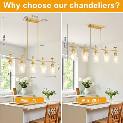 37" Dining Room Light Fixture/Chandelier Over Table, 5-Light Brushed Gold Kitchen Island Lighting with Clear Glass Shade, Modern Hanging Pendant Lights Fixture for Kitchen Island, Dining Room, Bar