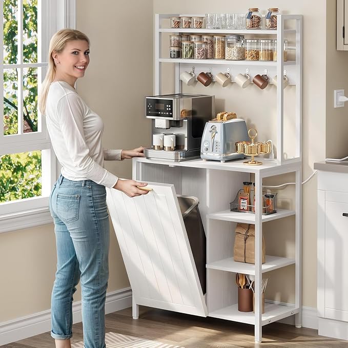 YITAHOME White 6-Tier Pantry Cabinet with Storage, Trash Can Bin & Power Outlets, Large Freestanding Microwave Table for Coffee Bar, Kitchen & Dining Room, Bakers Rack with Charging Station