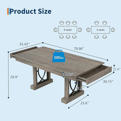 Garvee 71-Inch Wooden Kitchen Table with Two Drawers, Large Dining Table for 6-8 w/Large Tabletop & Sturdy Frame, Rectangular Dining Table with Double Pedestal, for Kitchen, Dinner