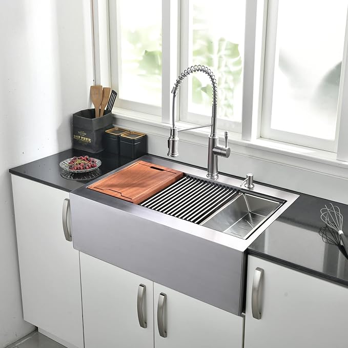 33 Inch Farmhouse Drop In Kitchen Sink Workstation - 33X22 inch Apron Front Kitchen Sink Workstation Single Bowl 16 Gauge Stainless Steel Farm Sink