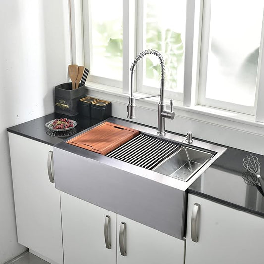 33 Inch Farmhouse Drop In Kitchen Sink Workstation - 33X22 inch Apron Front Kitchen Sink Workstation Single Bowl 16 Gauge Stainless Steel Farm Sink