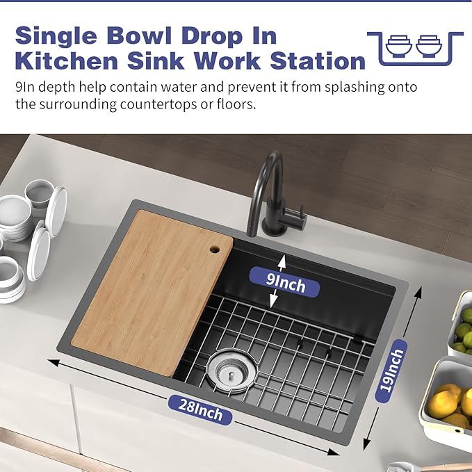 Black Kitchen Sink Workstation,28"x19" Stainless Steel Undermount Single Bowl Sink Built-in Ledge Drop In Workstation Sink For Placing/Sliding Accessories-Cutting Board,Drying Rack,Colander