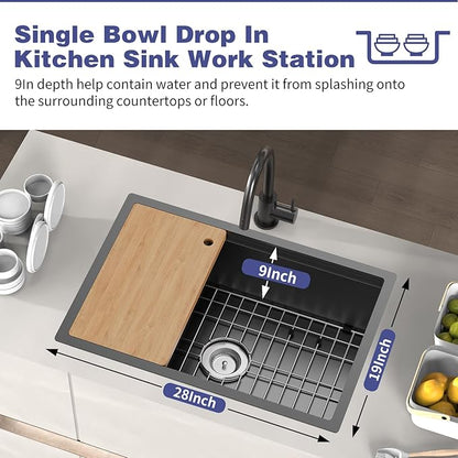 Black Kitchen Sink Workstation,28"x19" Stainless Steel Undermount Single Bowl Sink Built-in Ledge Drop In Workstation Sink For Placing/Sliding Accessories-Cutting Board,Drying Rack,Colander