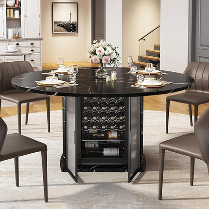 IBF Round Dining Table with Storage, Black Faux Marble Kitchen Tables for 4-6 People, 47" Modern Dining Room Tables with Fridge Space, Wood Circle Dinner Table for Home, Black Marble, Only Table