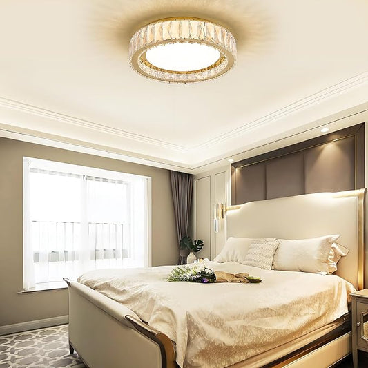 Modern K9 Crystal Dimmable LED Flush Mount Ceiling Light,15 Inch 36W/5CCT 3000K-6000K,Luxury Gold Round Large Close to Ceiling Lighting Fixtures for Living Room,Kitchen,Bedroom,Dining Room