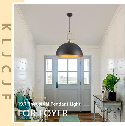 19.7" Large Dome Pendant Light - Black and Gold Pendant Light for Kitchen Island, Modern Industrial Lighting Fixtures for Dining Room, Foyer, Entryway, Hallway