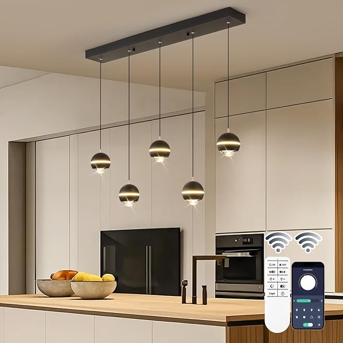 ORANOOR Modern LED Pendant Lights, Dimmable 36in Crystal Globe LED Chandelier Lighting, Black & Gold Dining Room Hanging Light Fixtures Kitchen Island Linear Pendant Light for Dining Table (3500lm)