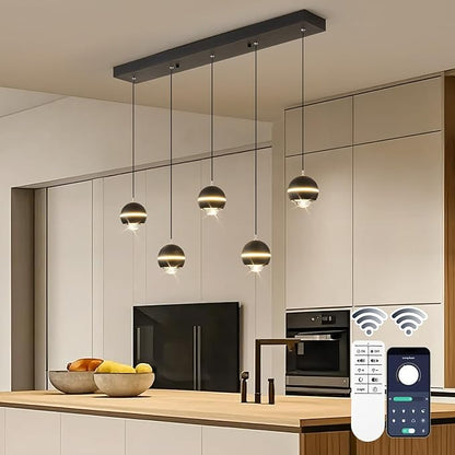 ORANOOR Modern LED Pendant Lights, Dimmable 36in Crystal Globe LED Chandelier Lighting, Black & Gold Dining Room Hanging Light Fixtures Kitchen Island Linear Pendant Light for Dining Table (3500lm)
