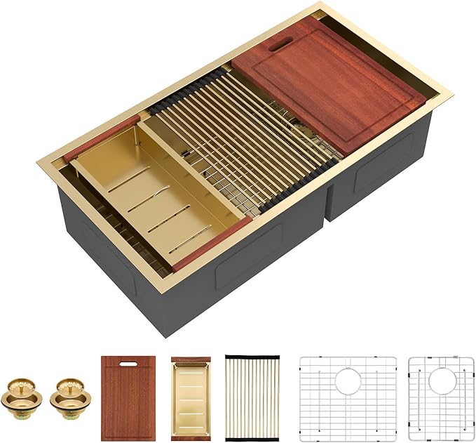 Sarlai 36 Inch Gold Undermount Kitchen Sink Double Bowl Large Workstation Low Divided Gold Stainless Steel Sink 16 Gauge 60/40 Sinks Double Basin