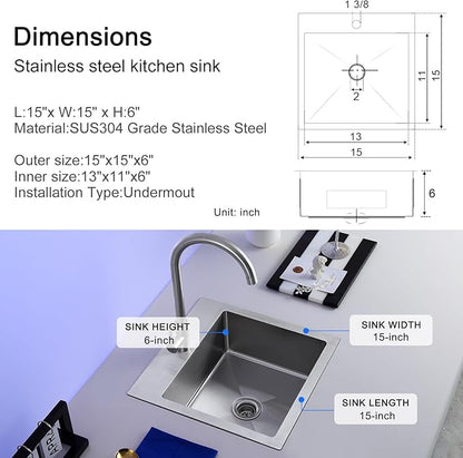 MENATT 15x15 inch Drop-in Bar Sink with 1 Faucet Hole, T-304 Stainless Steel Handmade Single Bowl Kitchen Rv Sink with 2" Drain Hole, Brushed
