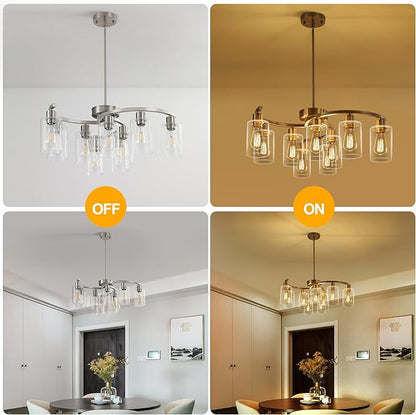 CNRATYE 9-Light Brushed Nickel Glass Chandelier, Adjustable Height Hanging Industrial Dining Room Chandelier Over Table, Modern Farmhouse Chandelier for Kitchen Island Living Room Entryway Bedroom