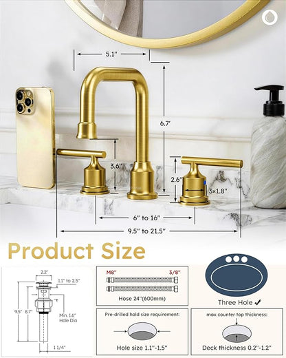 WOWOW Brushed Gold Bathroom Faucet Widespread Bathroom Sink Faucet 2 Handle Lavatory Tap 3 Holes with Drain and Supply Hoses Mordern Basin Taps