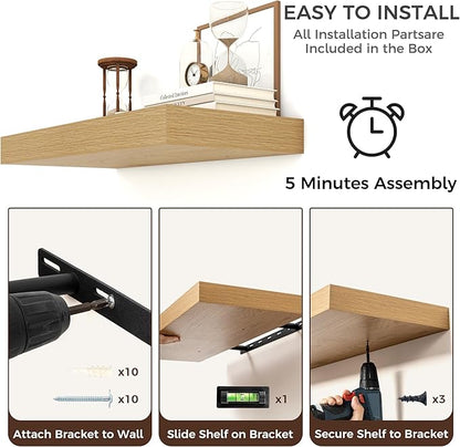 Venusmiles Floating Shelves for Wall, 36 Inch Wide x 12 Inch Deep Floating Shelves, Long Wood Floating Wall Shelf Shelves for Living Room Bathroom Bedroom Kitchen Home - (Oak, 36" W x 12" D x 2" H)
