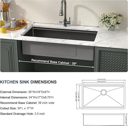 Lordear 36 Inch Kitchen Sink Black Undermount Kitchen Sink Workstation 16 Gauge Stainless Steel Single Bowl with Built-in Accessories, 36x19x9 Inch Gunmetal Black Nano-pvd