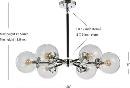 JONATHAN Y 28" Chrome/Black Modern 6-Light Cluster Pendant Chandelier, Clear Glass Shade Hanging Fixture for Kitchen Island Dining Room, LED Bulbs Included, Dimmable (JYL9059A)