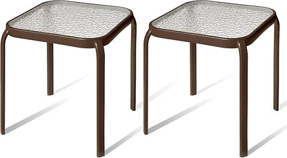 Bronze Metal Outdoor Side Table with Tempered Glass Top Set of 2 – Elegant Small 16" Square Patio Table – Durable Weather-Resistant Coffee Bistro Accent End Table for Outside and Garden