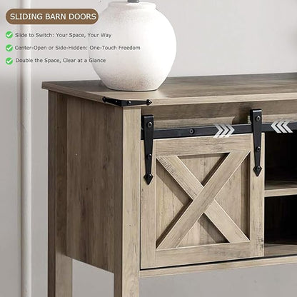 Entryway Table with Storage, Farmhouse Buffet Cabinet Coffee Bar Kitchen Island with Sliding Barn Doors & Shelves, Console Table for Kitchen, Dining Room, Living Room, Grey