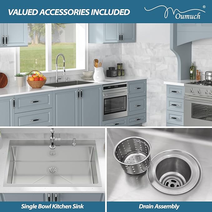 33 Inch Drop In Kitchen Sink - 33x22 Drop In Sink Stainless Steel 18 Gauge Single Bowl Topmount Handmade Sinks Kitchen Sinks Above the Counter, 9" Deep