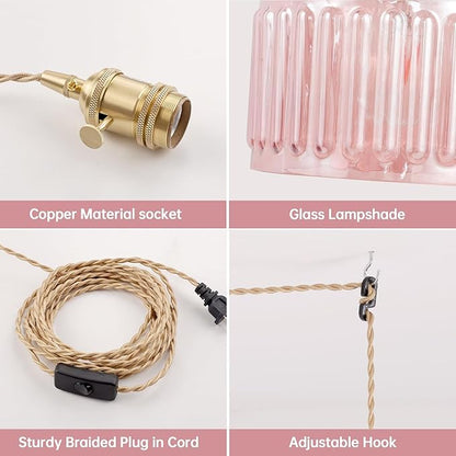 Shenmoyl Plug in Pendant Light Hanging Light Fixtures with Plugin Cord On/Off Switch,Pink Striped Glass Lampshade Brass Pendant Light