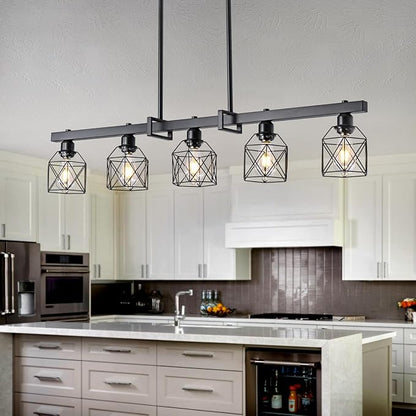 5-Light Modern Farmhouse Island Lighting, Adjustable Height Black Rustic Chandelier with Matte Black Geometric Shade, E26 Base Hanging Light for Dining Room Over Table