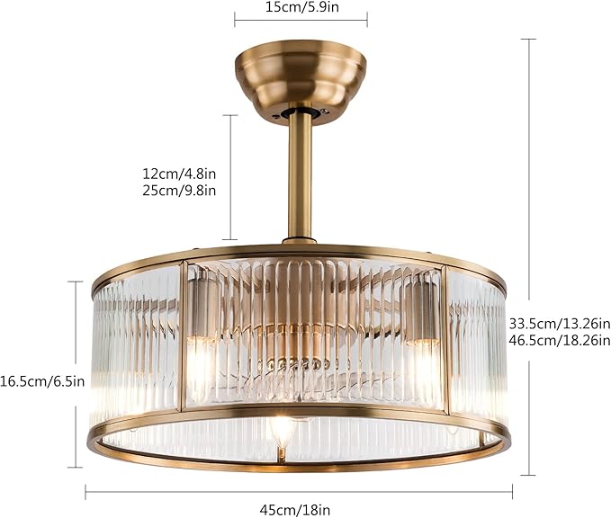 OUKANING Caged Fandelier Ceiling Fan with Light, Golden Ceiling Fans with Remote Control & Noiseless 35db - Farmhouse Rustic Bladeless Outdoors for Bedrooms, Dining Rooms, Kitchens and Living Rooms