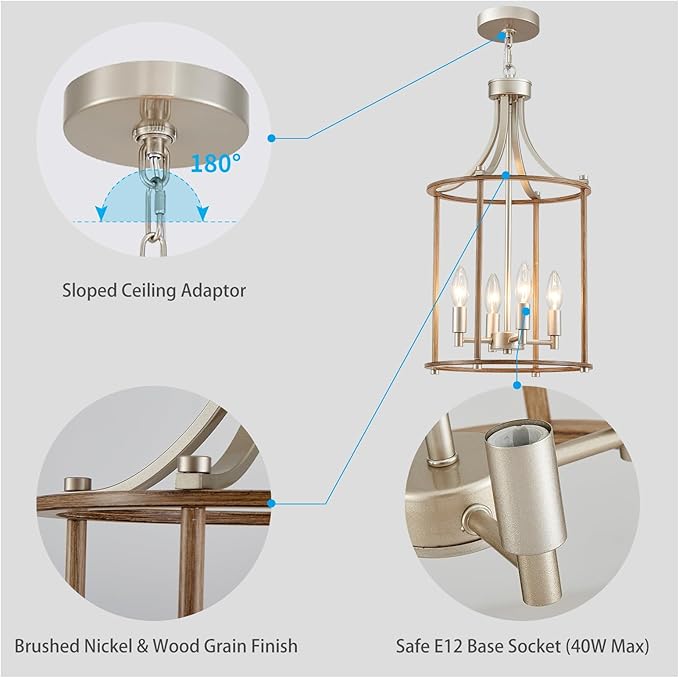 XINGQI Farmhouse Chandeliers for Dining Room,4 Light Nickel Wood Grain Finish Hanging Lantern Pendant Lighting Fixture for Staircase Foyer Kitchen Island Dinning Room Living Room