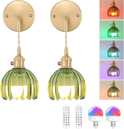 Shenmoyl Battery Operated Wall Sconce with Green Tulip Shade Pattern Glass Adjustable Chain Retro Gold Wall Mounted Light, Modern Wall Decor for Bedside Bedroom Indoor Doorway， Set of 2