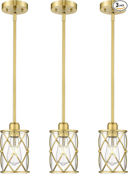 Brushed Gold Pendant Lights Kitchen Island 3 Pack, Glass Kitchen Pendant Lighting Over Island with Rod, Modern Mini Hanging Light for Kitchen Sink Dining Room, CH9176BG-3PK